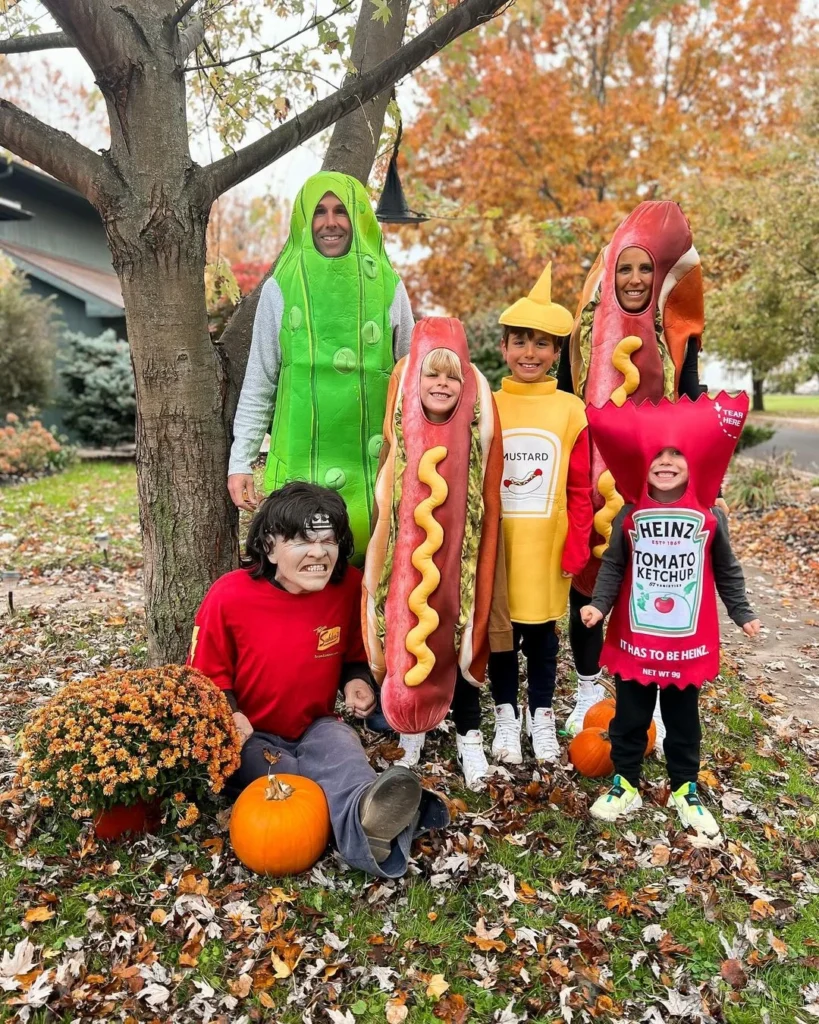 five family members in unique halloween costumes